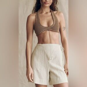 Free People Pucker Check Wrap Tie Waist Oatmeal Shorts